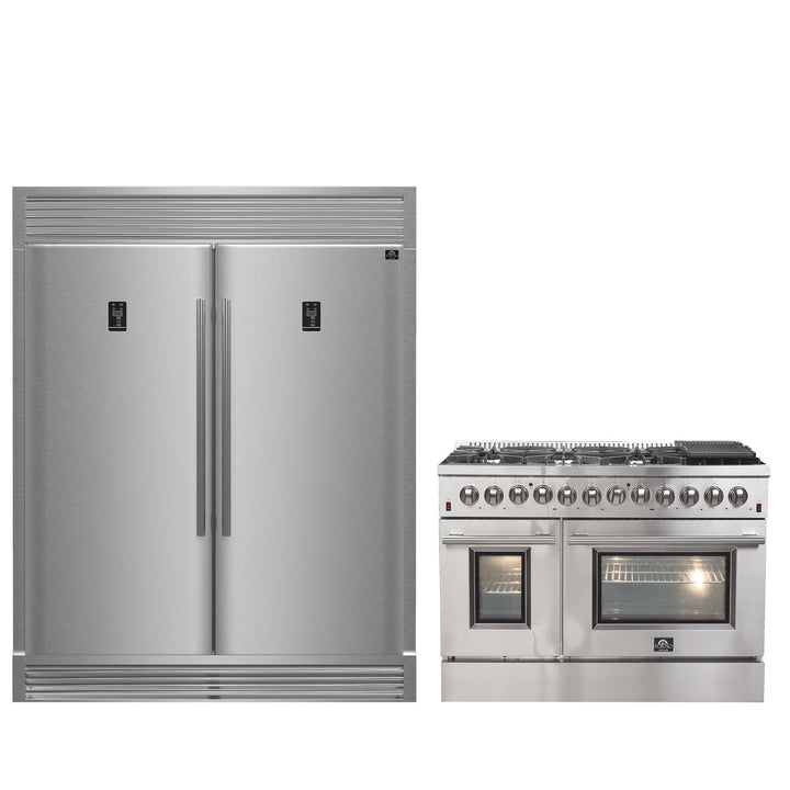 FORNO Premium 2-Piece Kitchen Bundle - Galiano 48" Dual Fuel Stainless Steel Range, Rizzuto 60" W. Dual Combo Convertible Refrigerator.