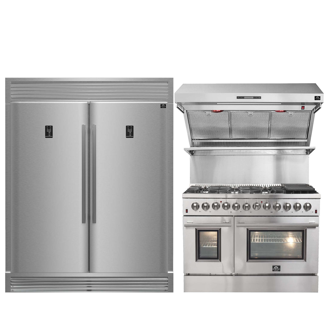 FORNO Premium 3-Piece Kitchen Bundle - FORNO Galiano 48" Freestanding Dual Fuel Range, FORNO Rizzuto 60" W. Dual Combo Convertible Refrigerator, FORNO 48" Wall Mount Range Hood