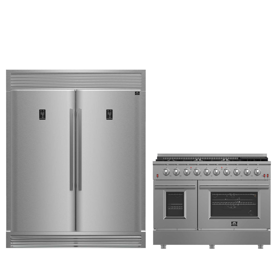 FORNO Premium 2-Piece Kitchen Bundle - Galiano 48" Gas Range Stainless Steel Range, Rizzuto 60" W. Dual Combo Convertible Refrigerator.