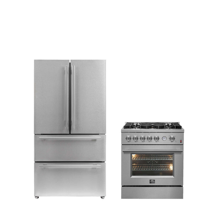 FORNO Premium 2-Piece Kitchen Bundle -Giovanni 30-inch Gas Range Stainless Steel, Forno Moena 36" French Door 19.2 Cu.Ft. Stainless Steel Refrigerator