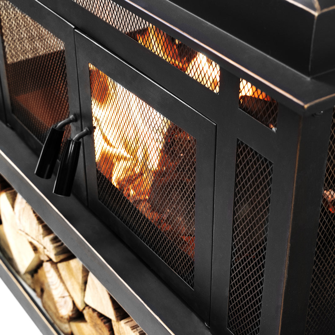 80 Inch Rectangular Outdoor Steel Woodburning Fireplace with Log Storage Compartment & Side Tables