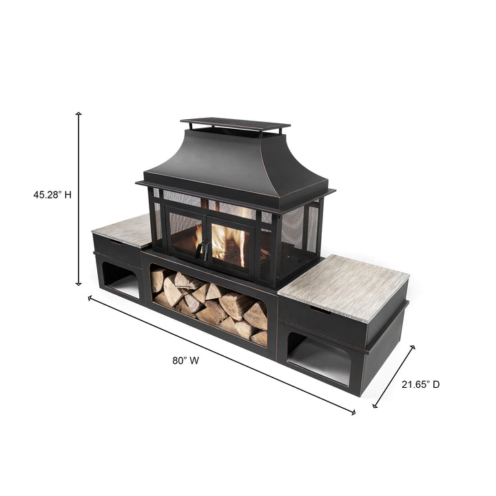 80 Inch Rectangular Outdoor Steel Woodburning Fireplace with Log Storage Compartment & Side Tables