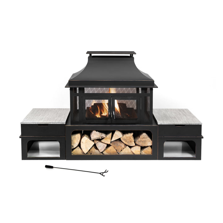 80 Inch Rectangular Outdoor Steel Woodburning Fireplace with Log Storage Compartment & Side Tables