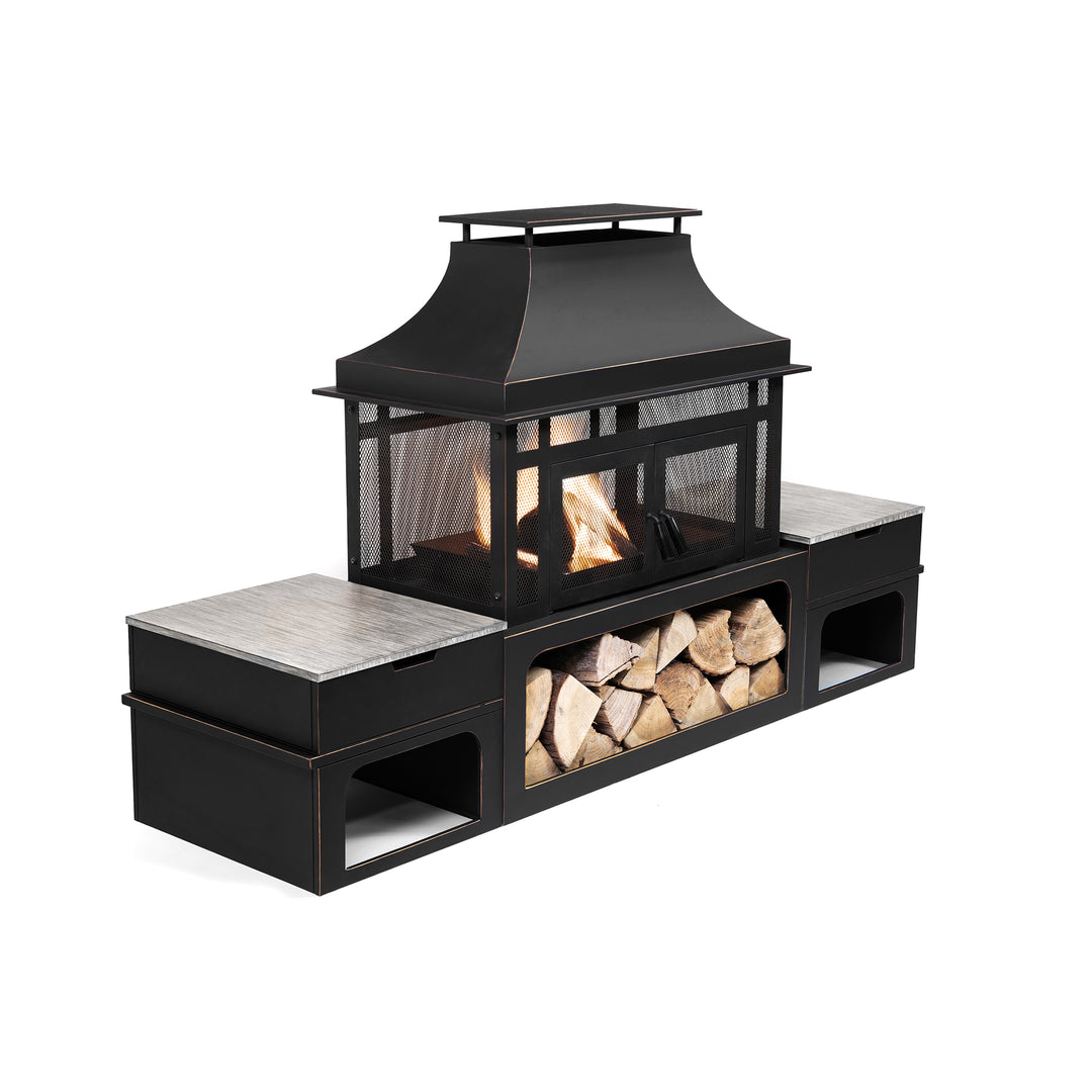 80 Inch Rectangular Outdoor Steel Woodburning Fireplace with Log Storage Compartment & Side Tables