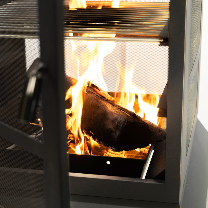 26" Square Outdoor Steel Woodburning Fireplace with Cooking Grill & Log Storage Compartment