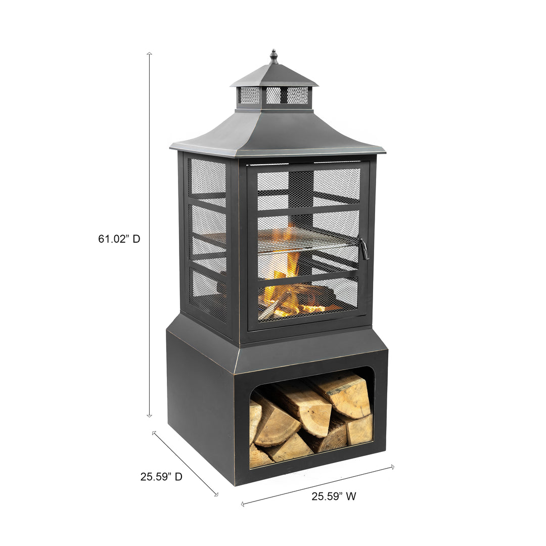 26" Square Outdoor Steel Woodburning Fireplace with Cooking Grill & Log Storage Compartment