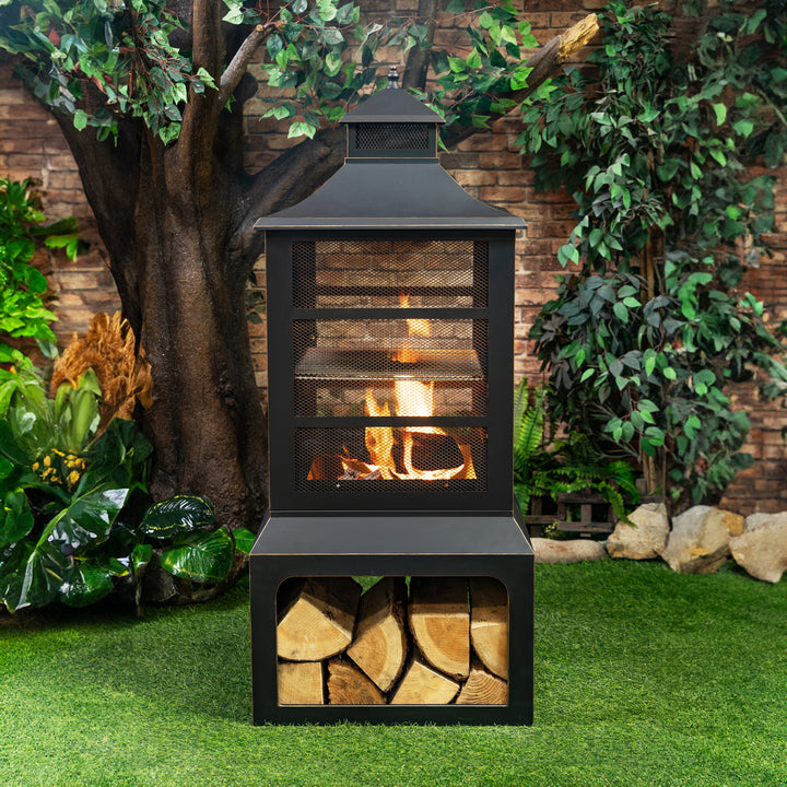 26" Square Outdoor Steel Woodburning Fireplace with Cooking Grill & Log Storage Compartment