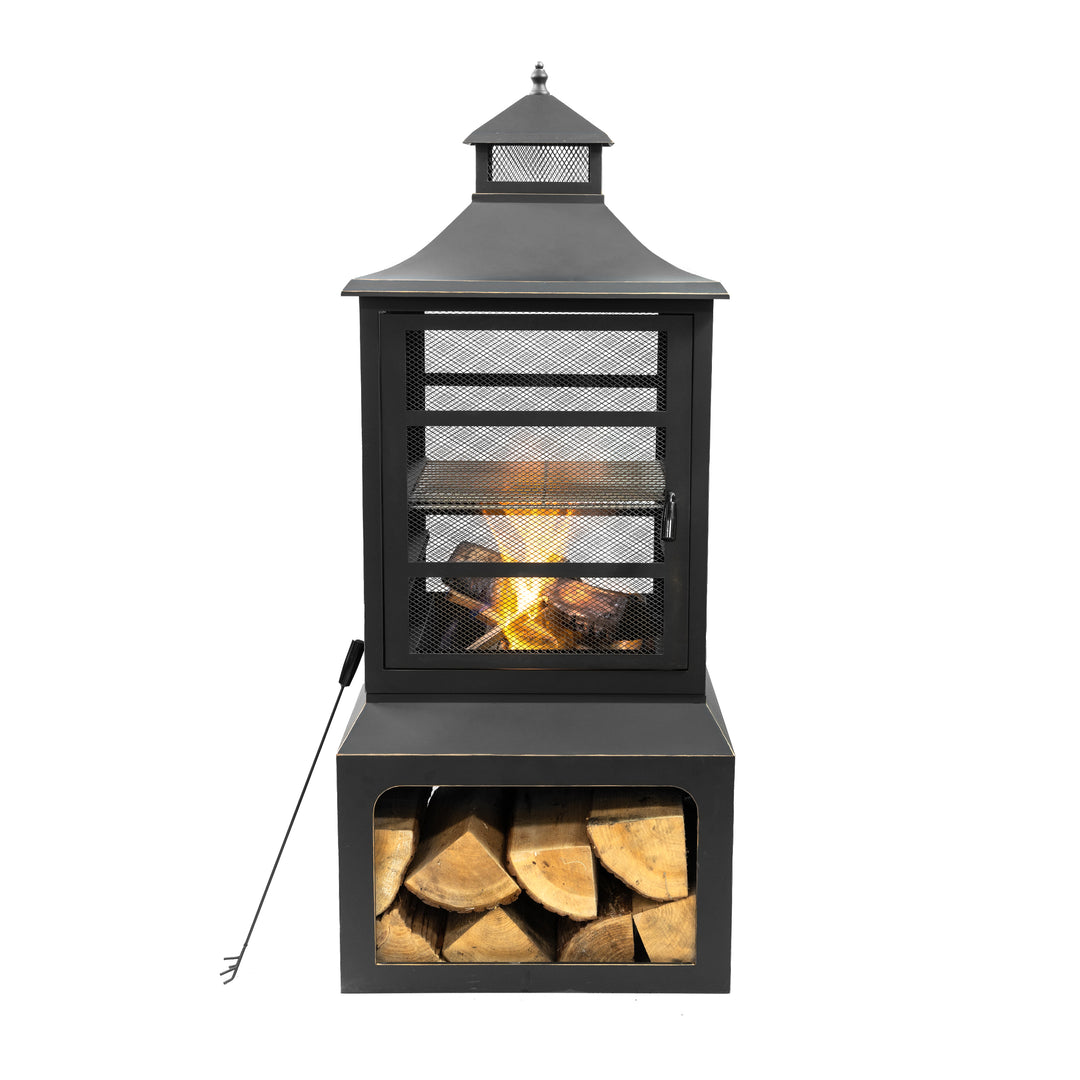 26" Square Outdoor Steel Woodburning Fireplace with Cooking Grill & Log Storage Compartment