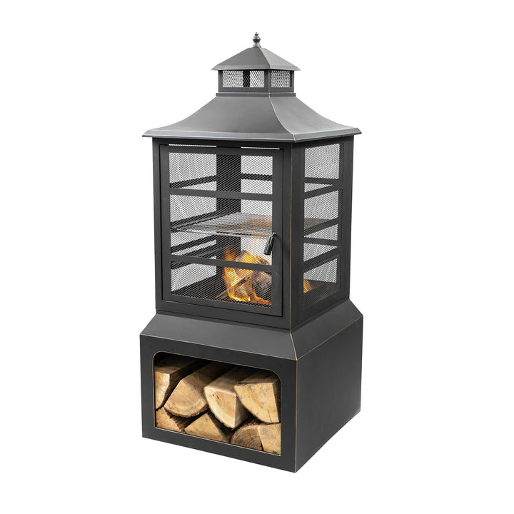 26" Square Outdoor Steel Woodburning Fireplace with Cooking Grill & Log Storage Compartment