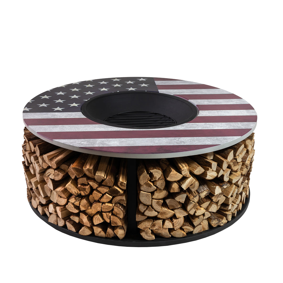 38 Inch Diameter Commemorative Outdoor Steel Woodburning  Fire Pit with Log Storage