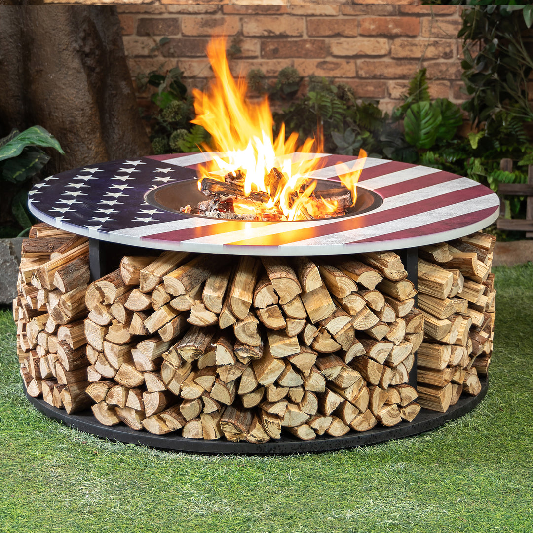 38 Inch Diameter Commemorative Outdoor Steel Woodburning  Fire Pit with Log Storage