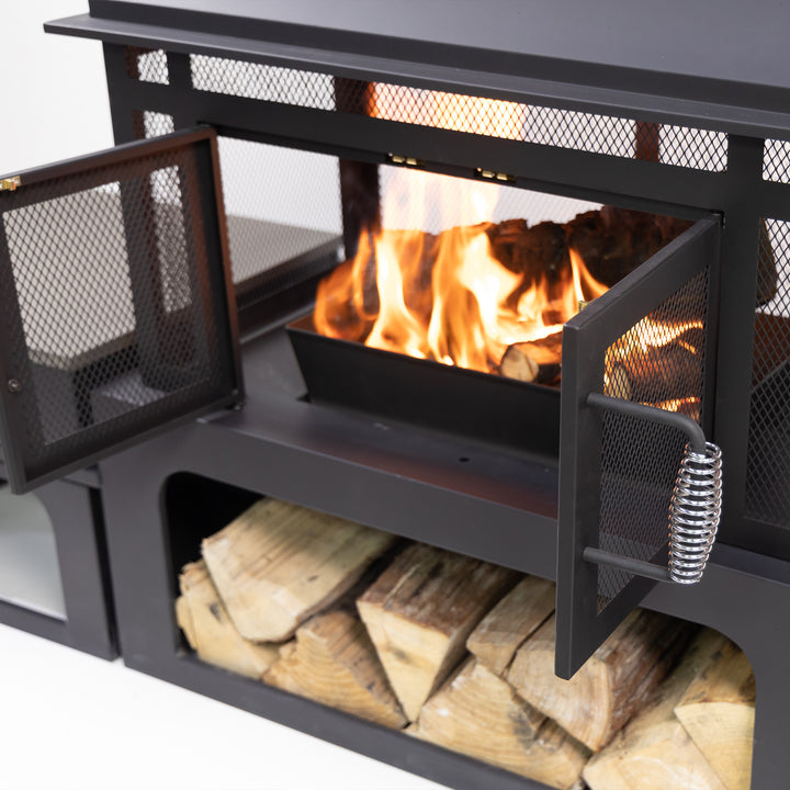 70 Inch Rectangular Outdoor Steel Woodburning Fireplace with Log Storage Compartment & Side Tables