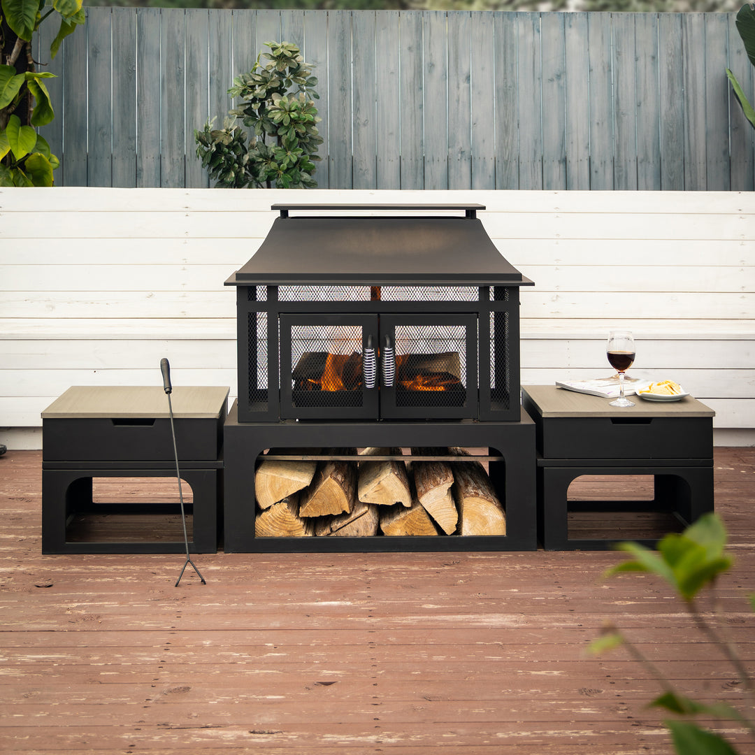 70 Inch Rectangular Outdoor Steel Woodburning Fireplace with Log Storage Compartment & Side Tables