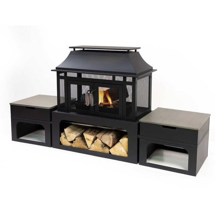 70 Inch Rectangular Outdoor Steel Woodburning Fireplace with Log Storage Compartment & Side Tables