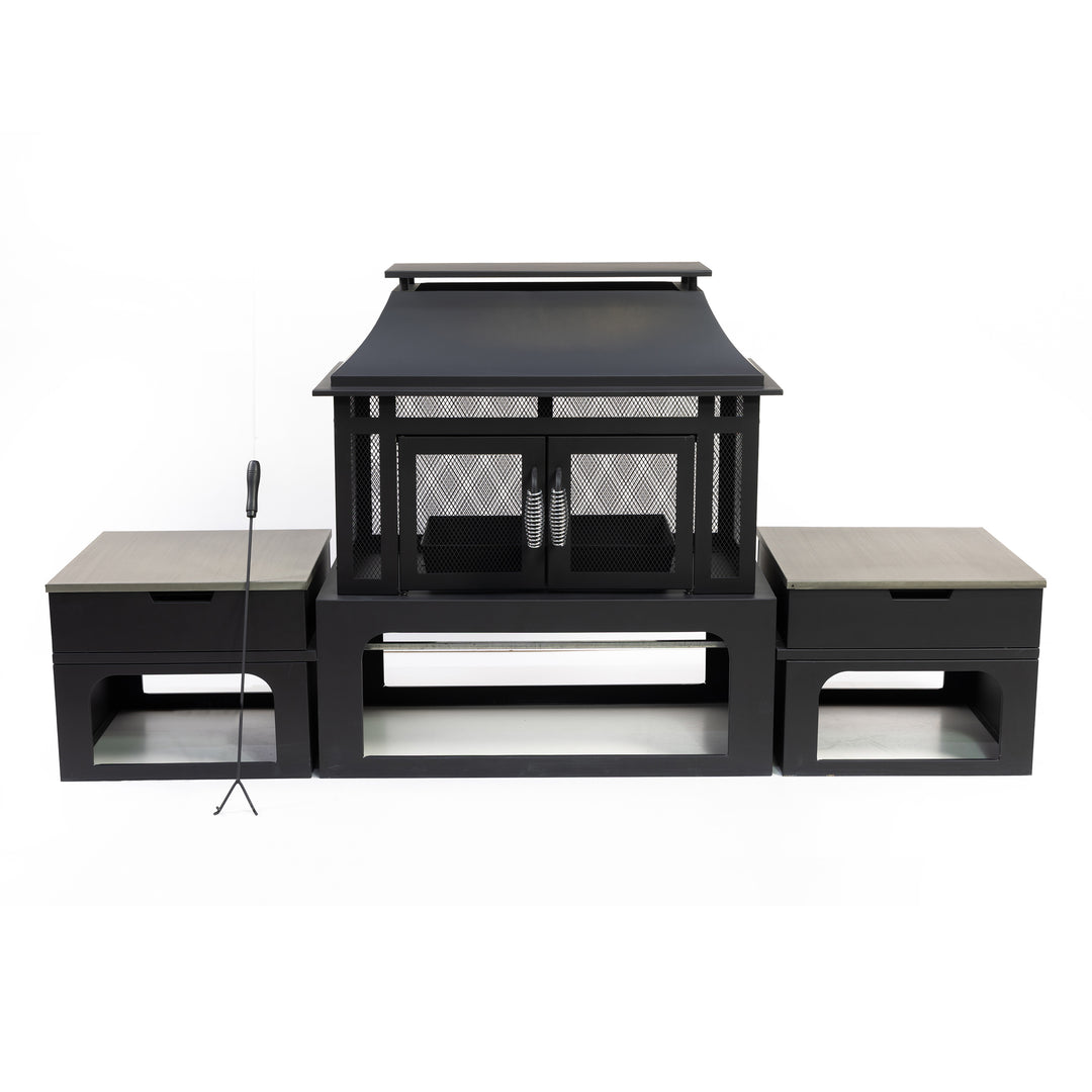 70 Inch Rectangular Outdoor Steel Woodburning Fireplace with Log Storage Compartment & Side Tables