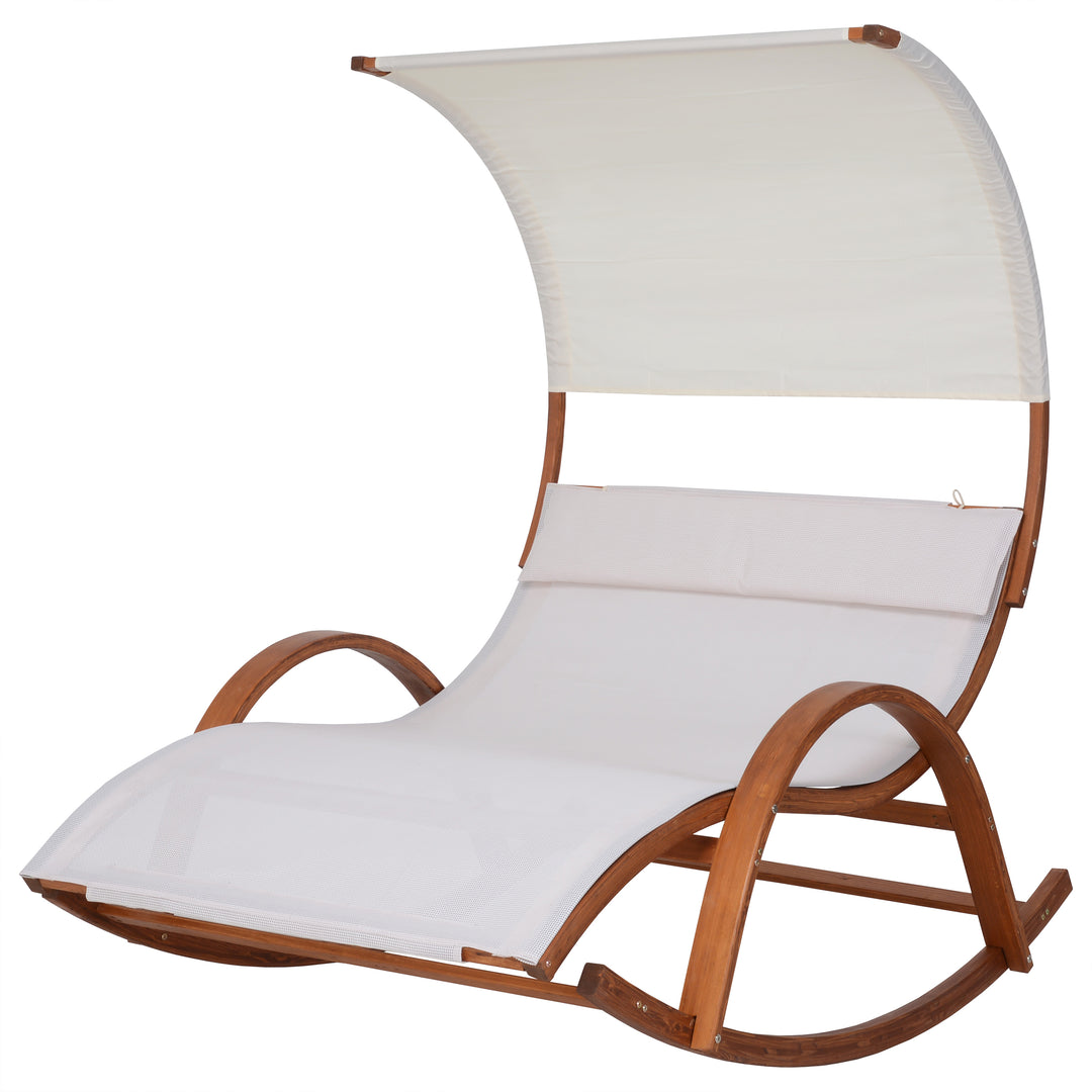 Outdoor Cedar Wood Patio Lounge Daybed with White Textilene Fabric & Canopy