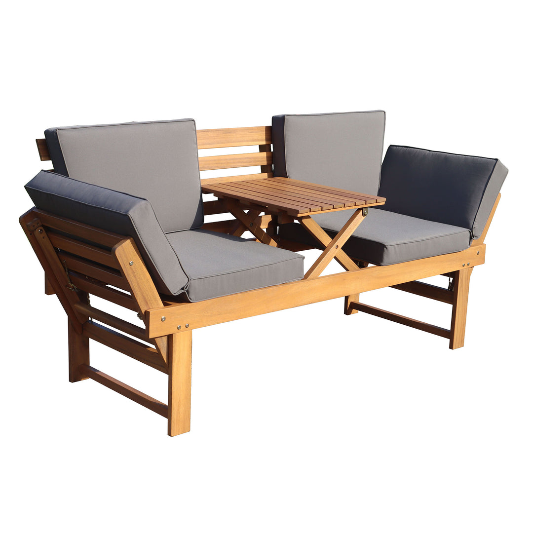 Outdoor Acacia Wood Patio Bench/Lounge with Fold Down Center Table & Side Panels