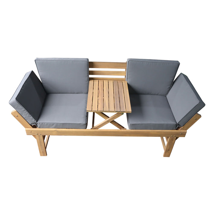 Outdoor Acacia Wood Patio Bench/Lounge with Fold Down Center Table & Side Panels