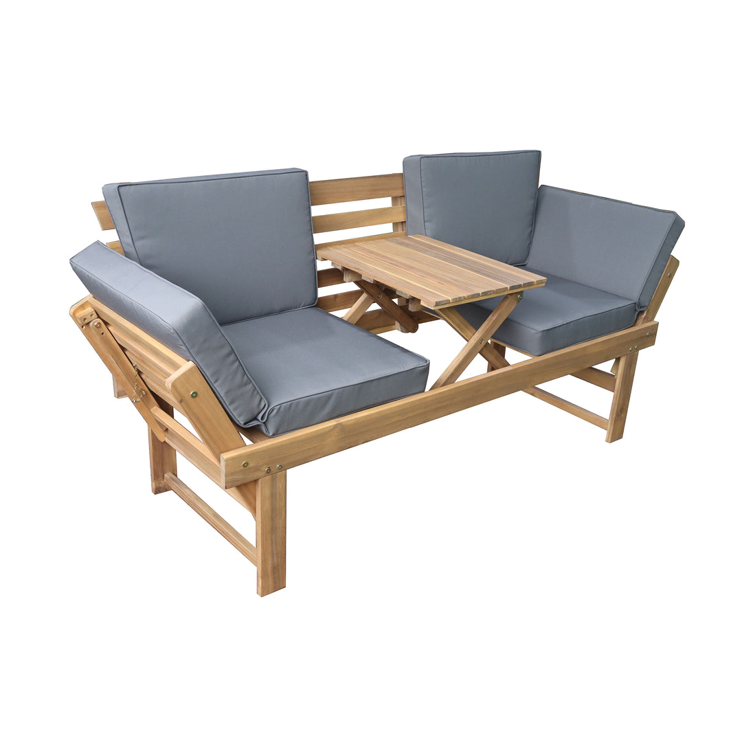 Outdoor Acacia Wood Patio Bench/Lounge with Fold Down Center Table & Side Panels