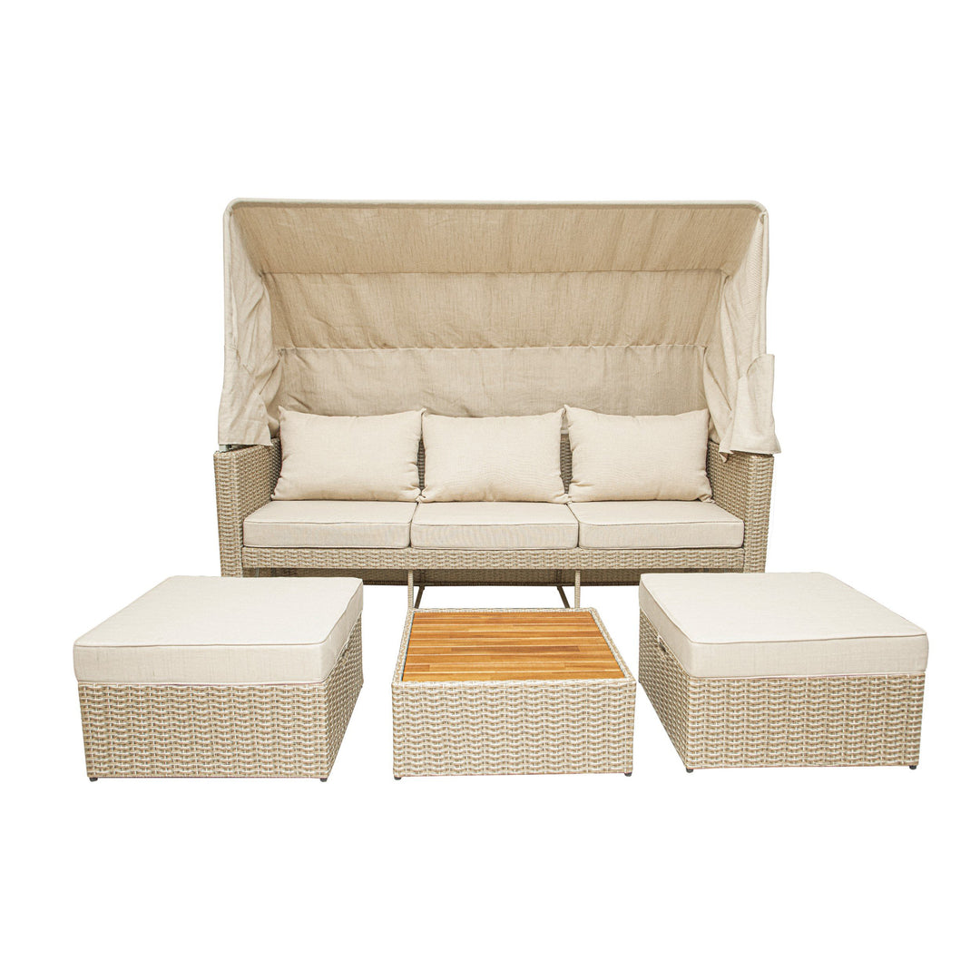 Outdoor Wicker Patio Sofa with Canopy & Ottoman Set