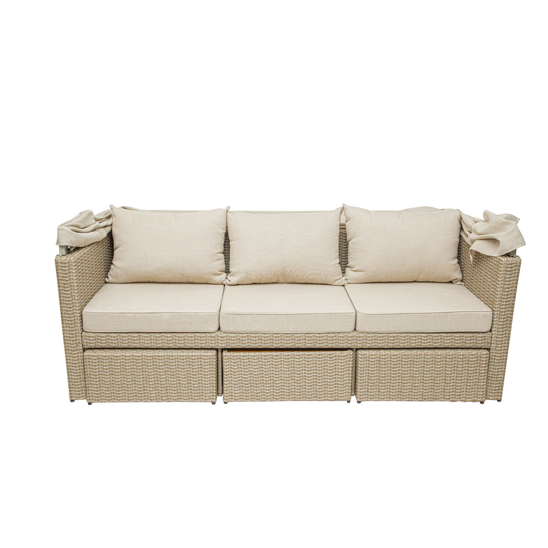 Outdoor Wicker Patio Sofa with Canopy & Ottoman Set