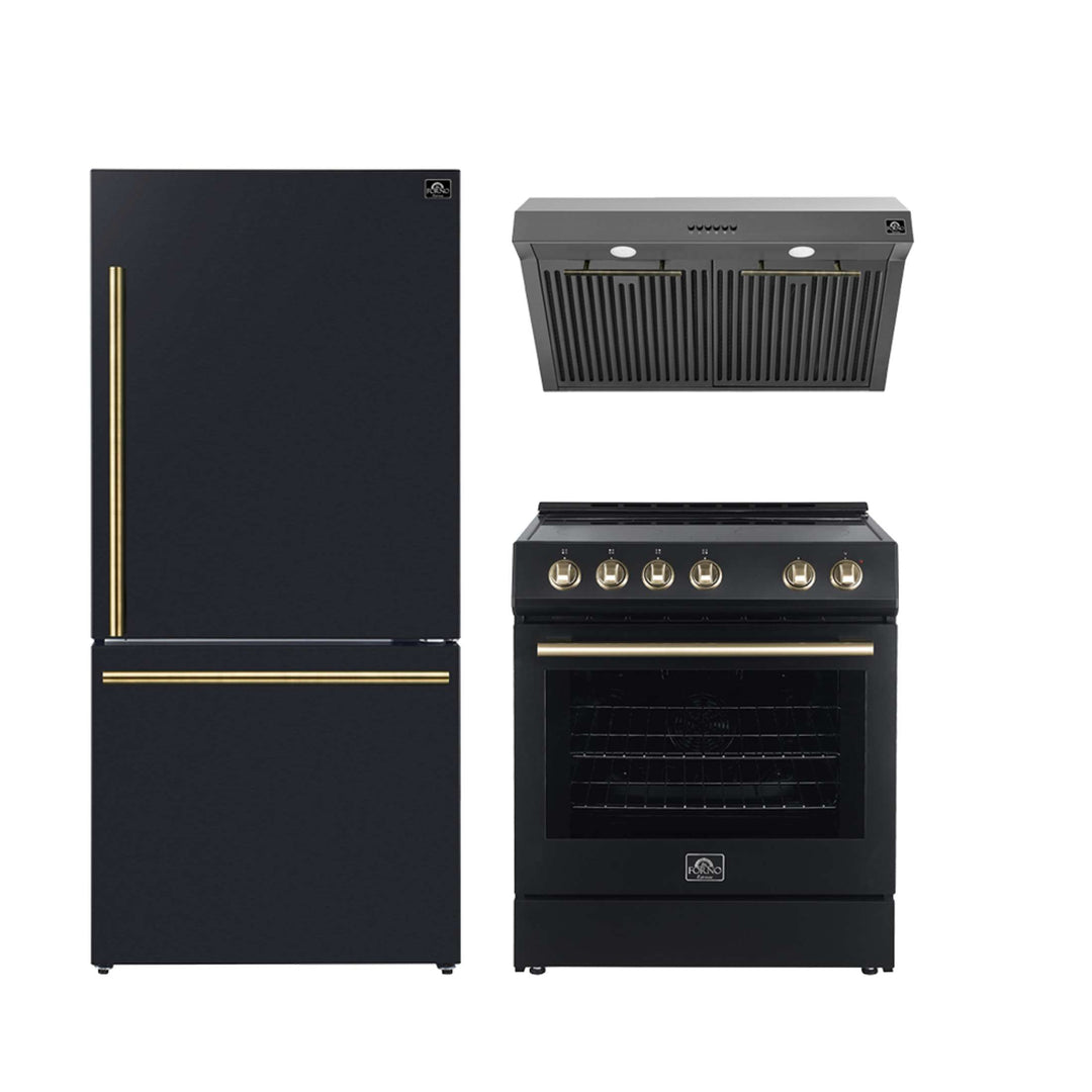 FORNO Premium 3-Piece Kitchen Bundle - Leonardo Espresso 30" Black Range, 30" Black Range Hood, 31" Black Bottom Freezer Refrigerator