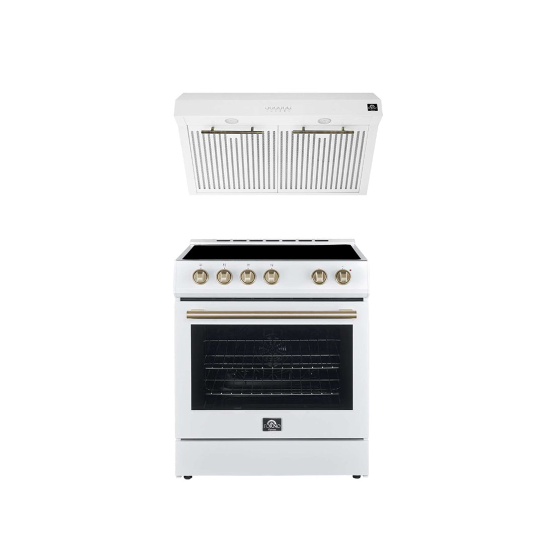 FORNO Premium 2-Piece Kitchen Bundle - Leonardo Espresso 30" White Range, 30" White Range Hood