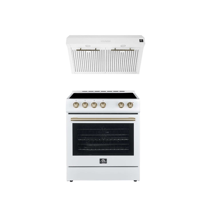 FORNO Premium 2-Piece Kitchen Bundle - Leonardo Espresso 30" White Range, 30" White Range Hood