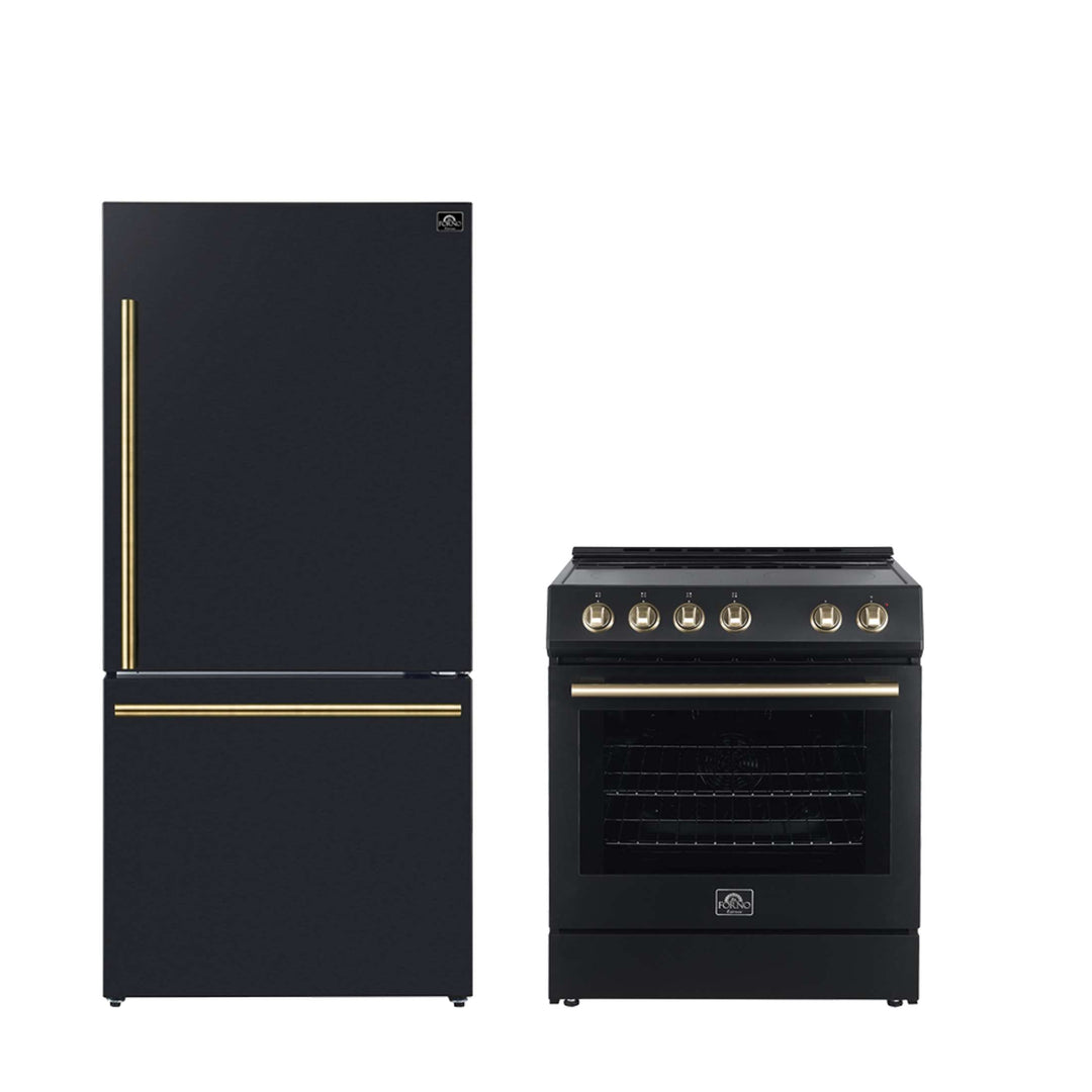 FORNO Premium 2-Piece Kitchen Bundle - Leonardo Espresso 30" Black Range, 31" Black Bottom Freezer Refrigerator