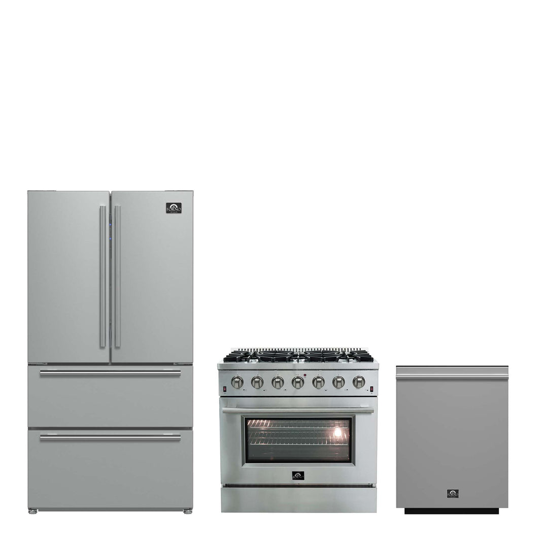 FORNO Premium 3-Piece Kitchen Bundle - Galiano 36" Gas Range, 36" Built-In Refrigerator, 24" Built-In Dishwasher