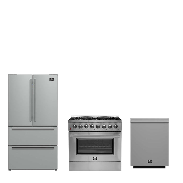 FORNO Premium 3-Piece Kitchen Bundle - Galiano 36" Dual Fuel Range, 36" Built-In Refrigerator, 24" Built-In Dishwasher