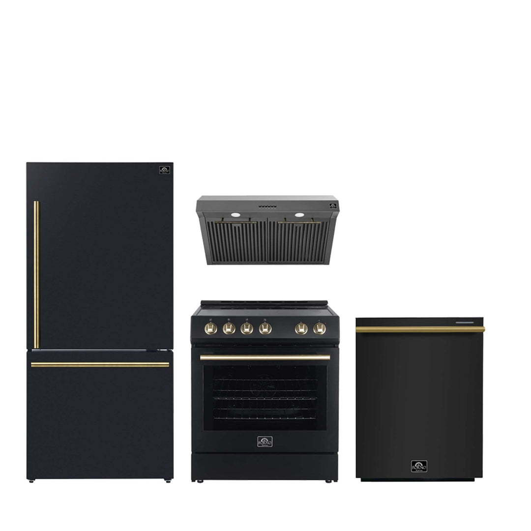 FORNO Premium 4-Piece Kitchen Bundle - Leonardo Espresso 30" Black Range, 30" Black Range Hood, 31" Black Bottom Freezer Refrigerator, 24" Black Built-In Dishwasher