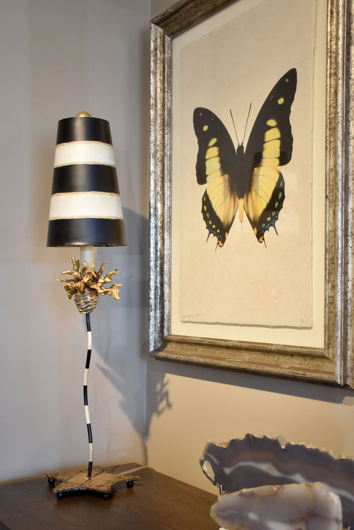 Black & White Striped Shaded La Fleur Buffet Table Lamp with Distressed Gold Accents (TA1009)